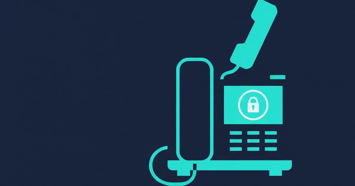 An isometric view of a cyan desk phone with a white padlock icon on its screen sits on a deep navy background.