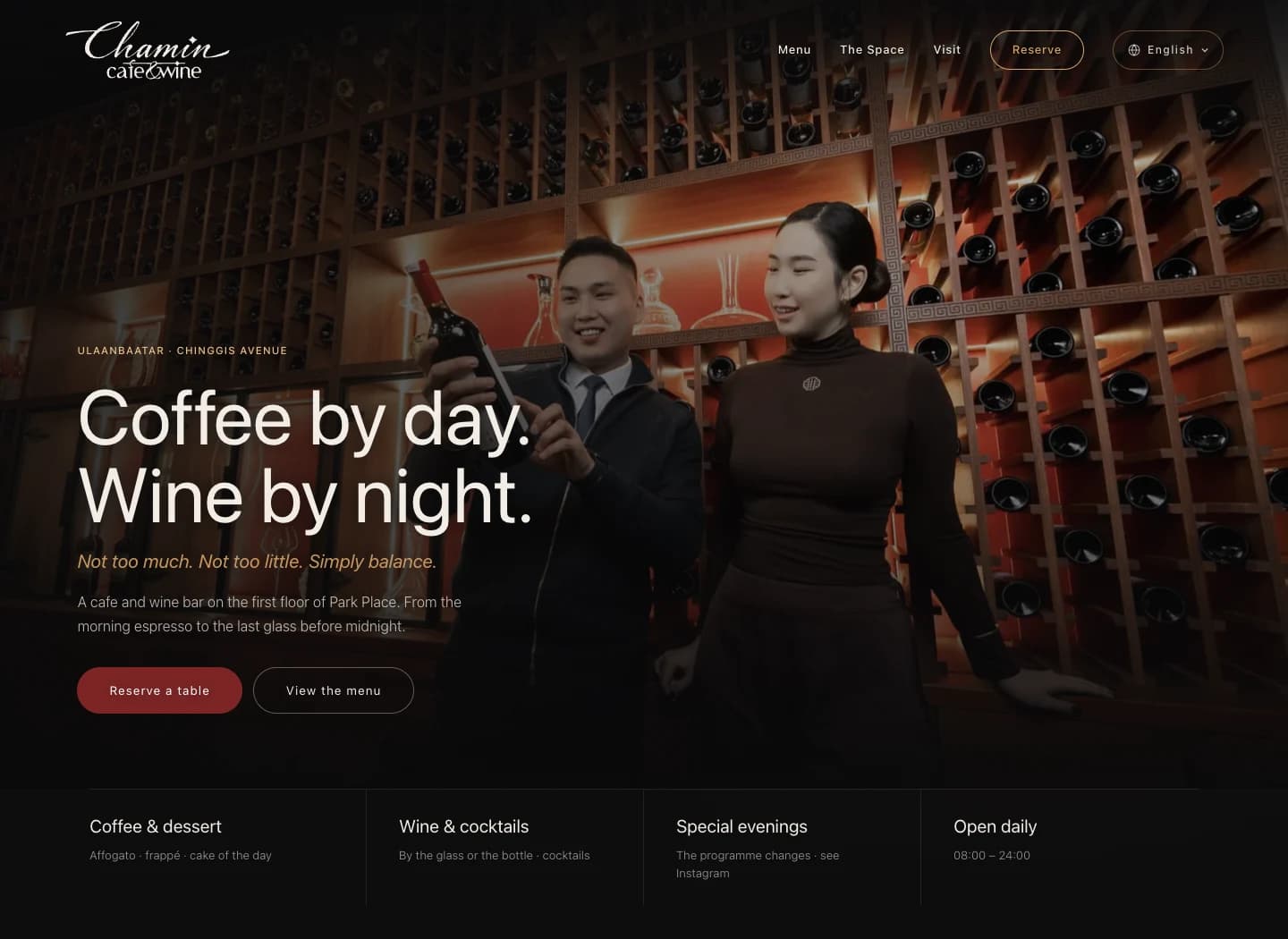 Chamin Cafe & Wine’s website: warm wine-wall photography, Coffee by day. Wine by night. headline, menu and reservation links