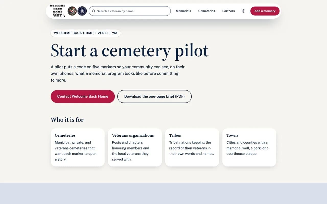The pilot page for cemeteries, with the QR plaque at real size