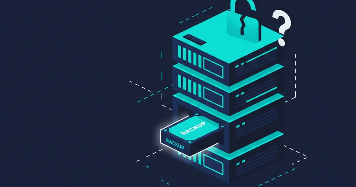A cyan and dark navy server stack with a partially ejected backup drive and a broken padlock sits on a dark background.