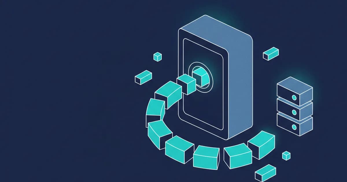 An isometric illustration shows data blocks moving in a circular path towards a secure data vault, with a server stack nearby.