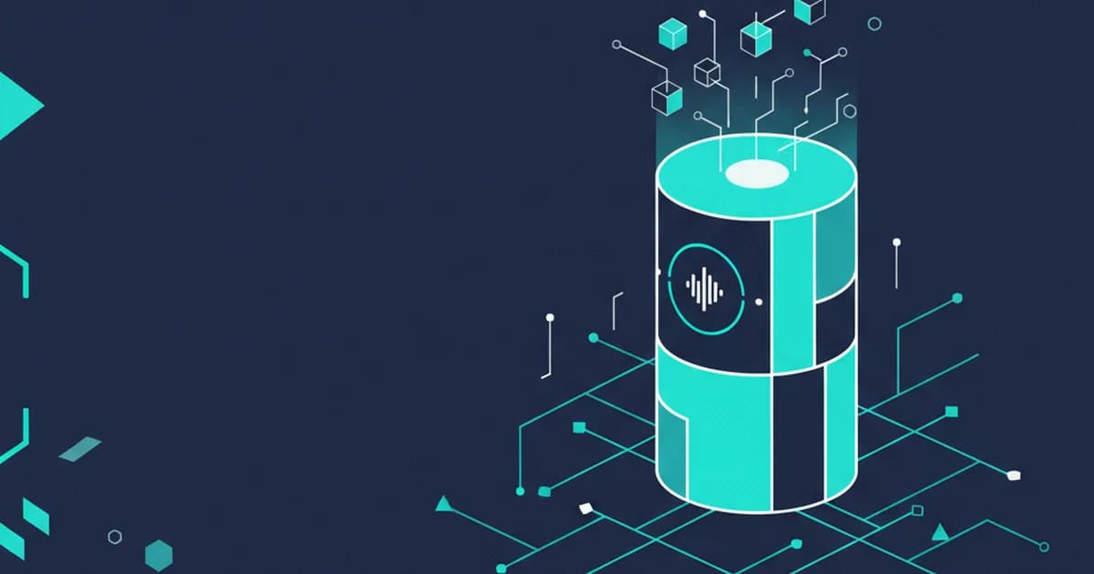 A cyan and light navy cylindrical smart speaker is shown on a deep navy background with glowing cyan data connections.