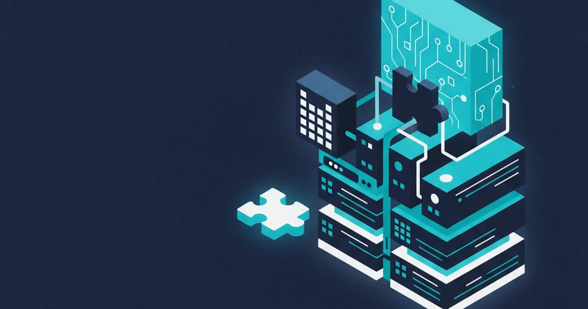 An isometric illustration of interconnected server stacks with a circuit board element and two jigsaw puzzle pieces, on a dark blue background.
