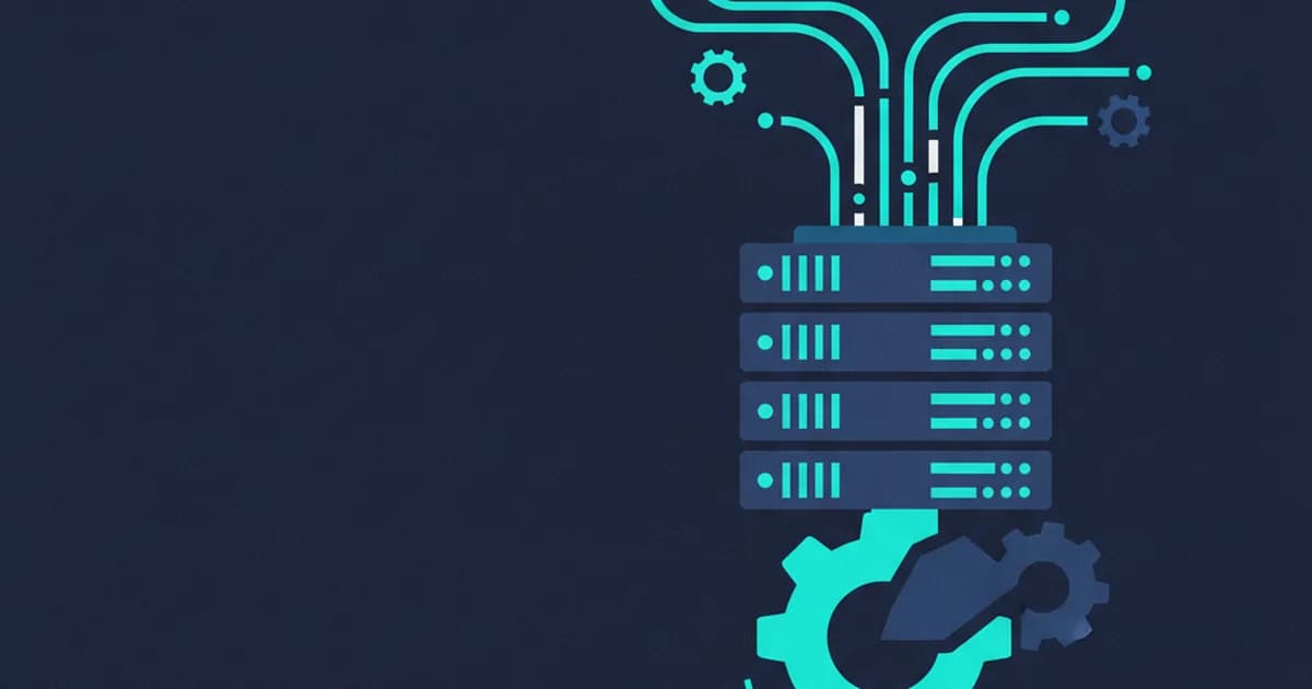 A data server with wires and gears is shown on a deep navy background with cyan and lighter navy accents.