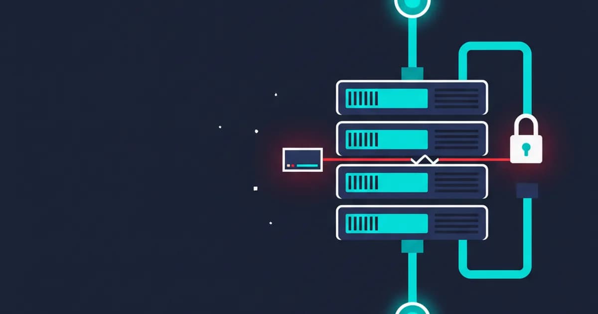 A server rack with glowing cyan elements, a white padlock, and a red warning indicator on a dark navy background.