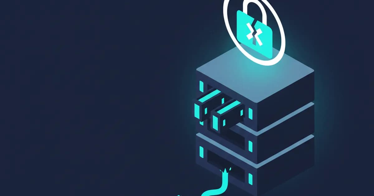 A dark navy isometric server with cyan highlights is shown with a broken cable and a glowing broken padlock icon above it.