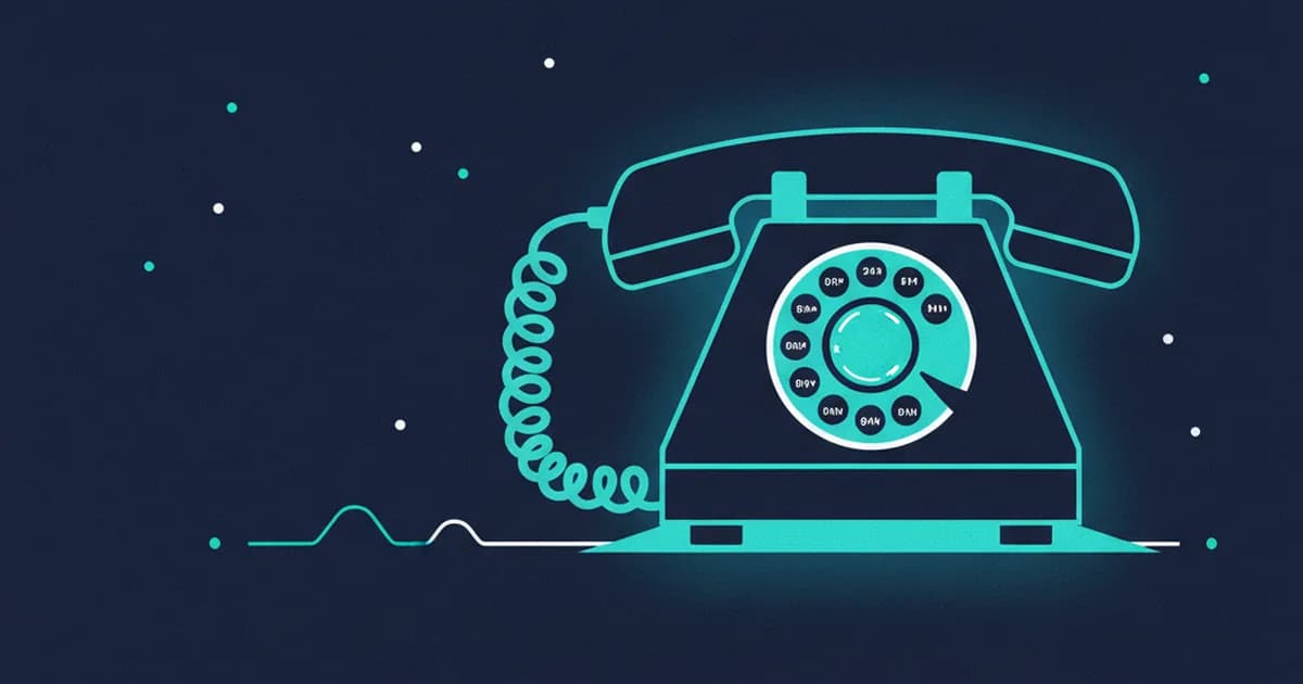 A retro telephone with a rotary dial in cyan and white sits on a dark navy background with small white and cyan dots.