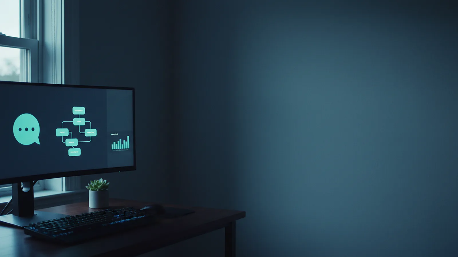 A desk with a large monitor showing a chat bubble and a flow diagram of connected boxes