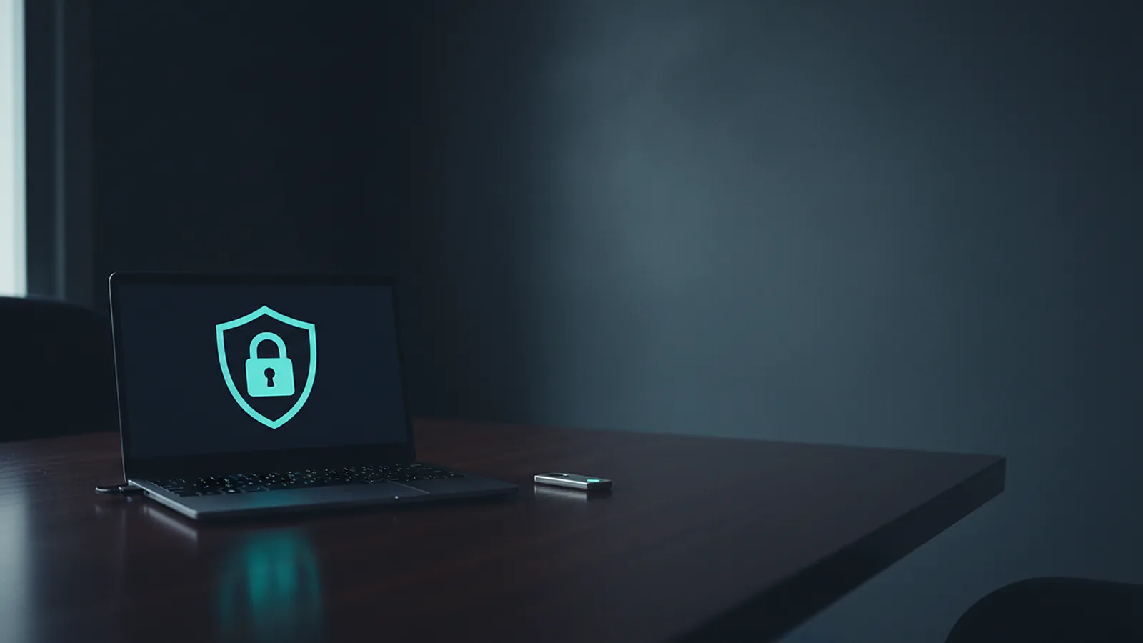 A laptop on a dark desk showing a glowing cyan padlock inside a shield, with a security key beside it