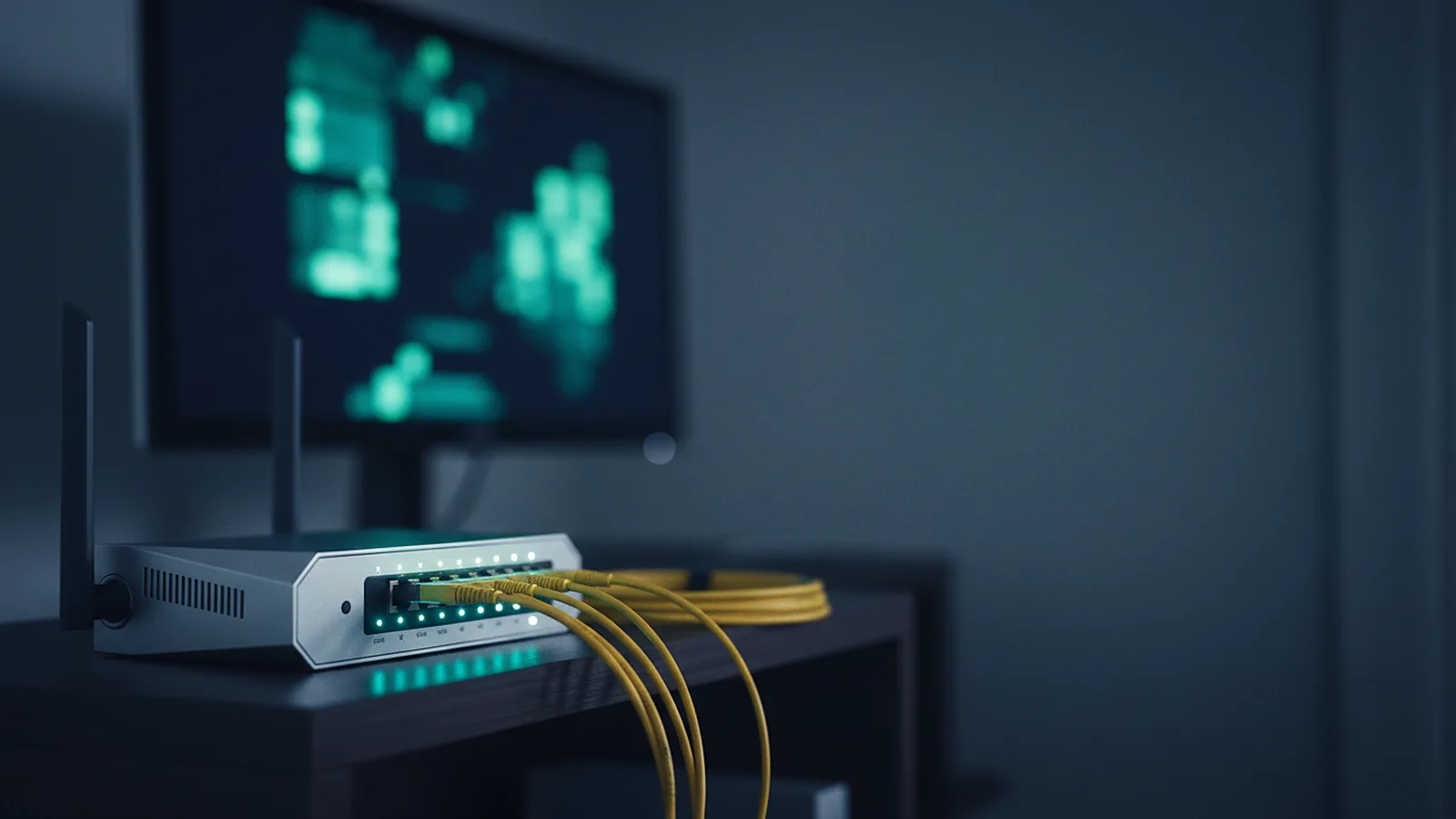 A business router and fiber media converter with glowing status lights and coiled yellow fiber cables