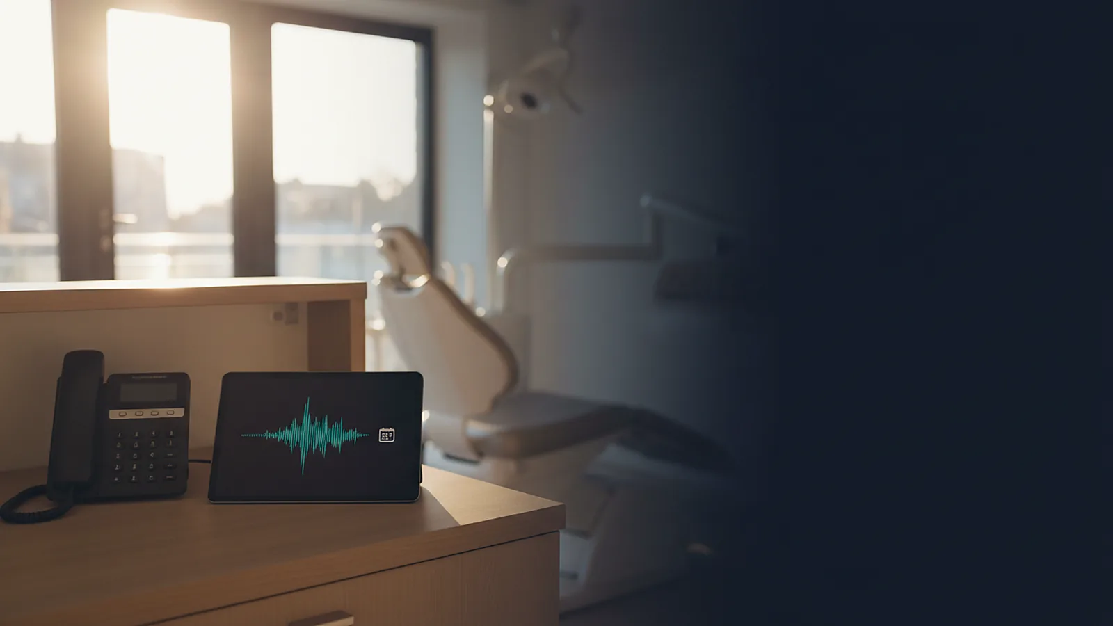 A dental office front desk where a tablet shows a call being answered next to the desk phone