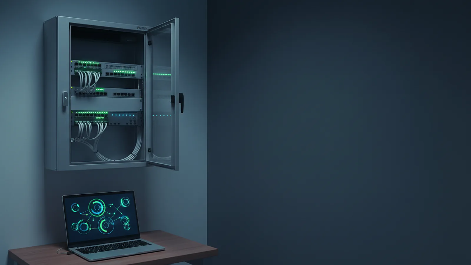 A wall-mounted network cabinet with tidy patch cables and a laptop showing a monitoring dashboard