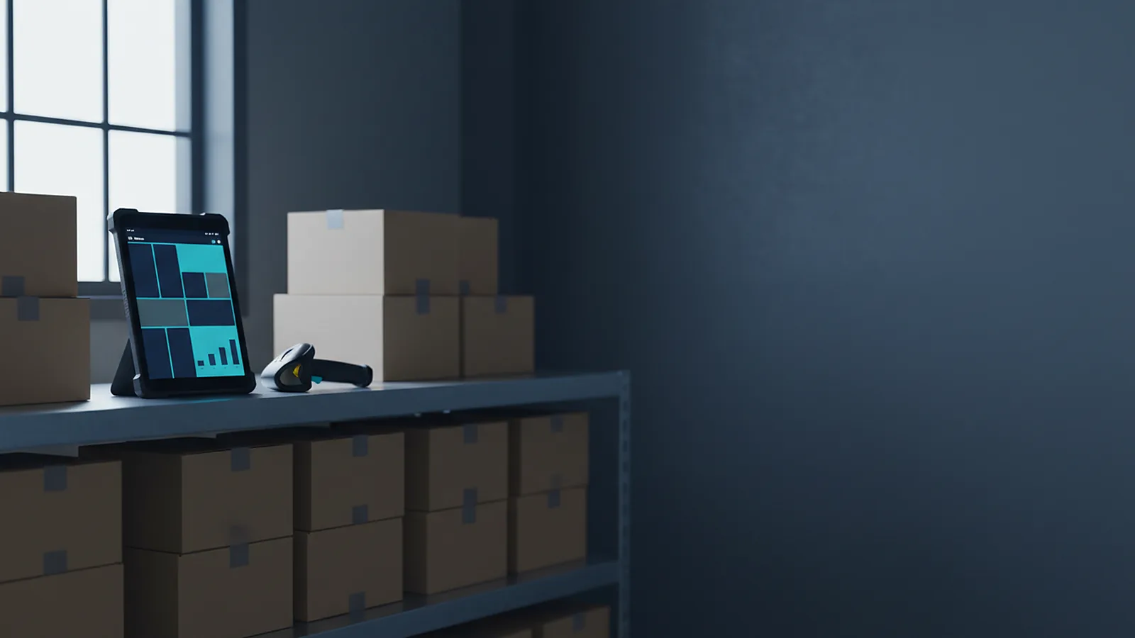 A tablet showing a colorful dashboard stands on a warehouse shelf of cardboard boxes next to a barcode scanner