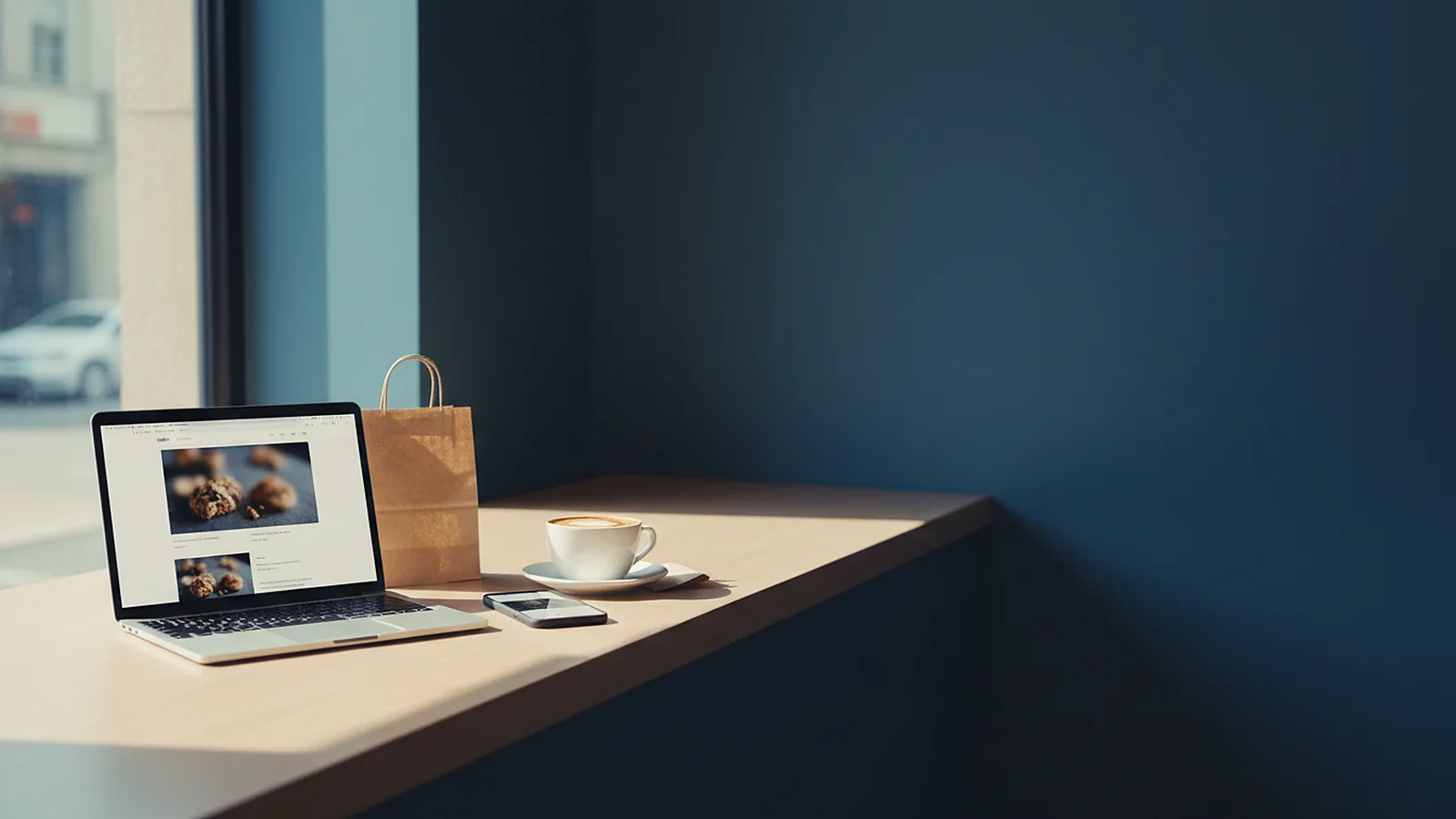 A laptop open on a shop counter beside a paper bag and a coffee cup, showing a website with pastry photos
