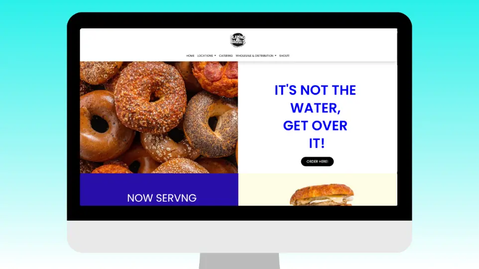 Blazing Bagels restaurant website redesign with online ordering and brand-focused layout