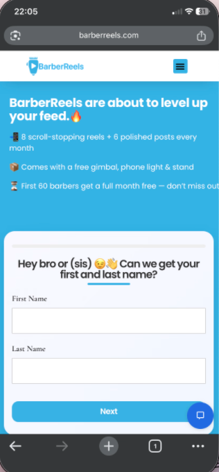 Mobile responsive custom website built for BarberReels