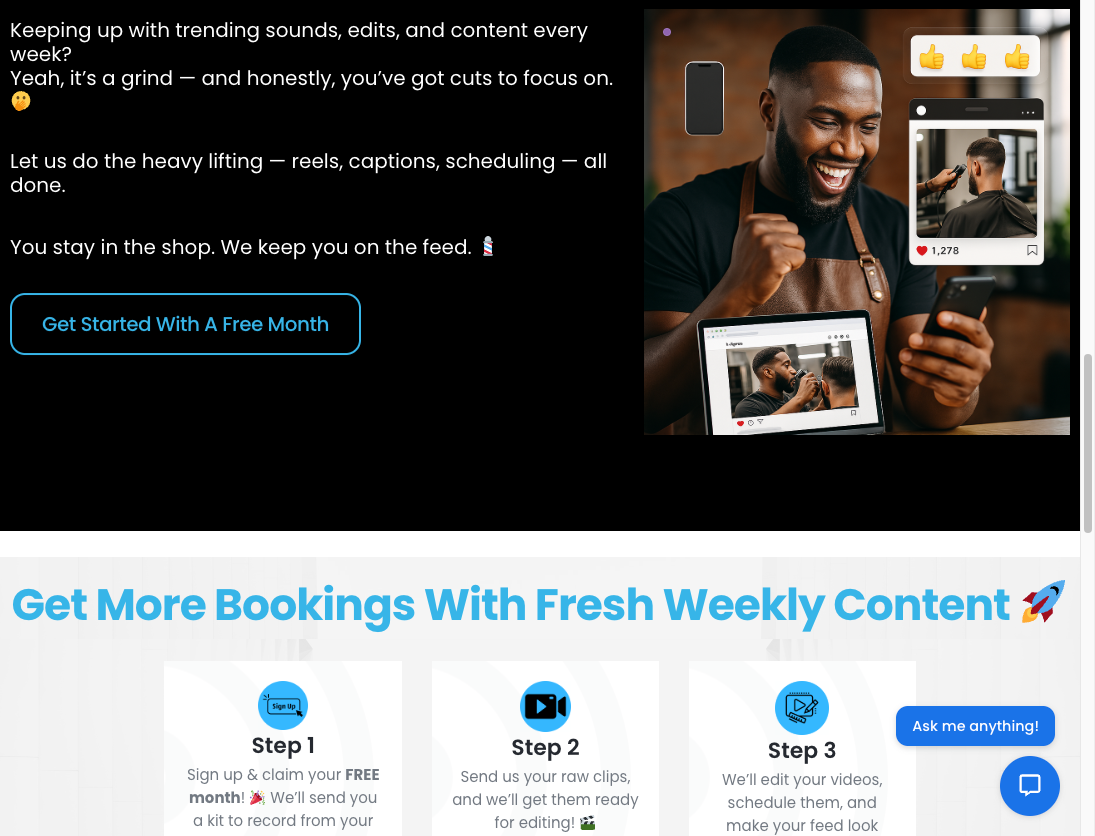 Custom website layout reflecting BarberReels brand identity for barbershops