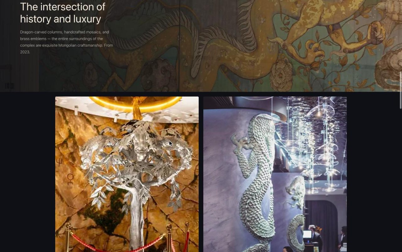 Heritage section with the building's dragon mural and sculptures
