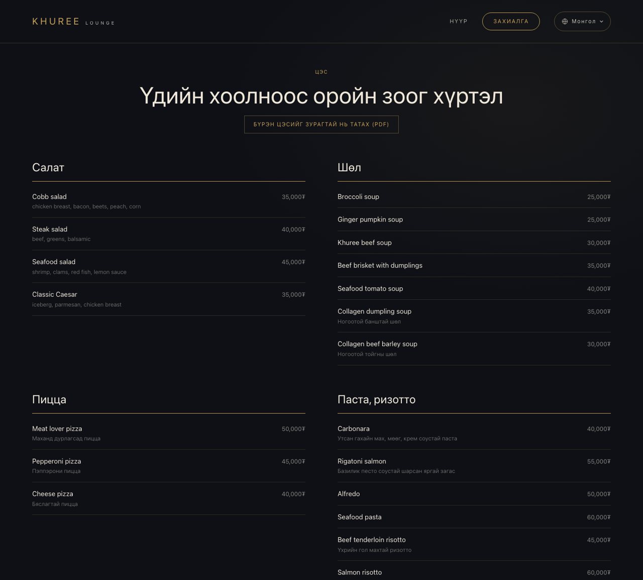 The full menu page