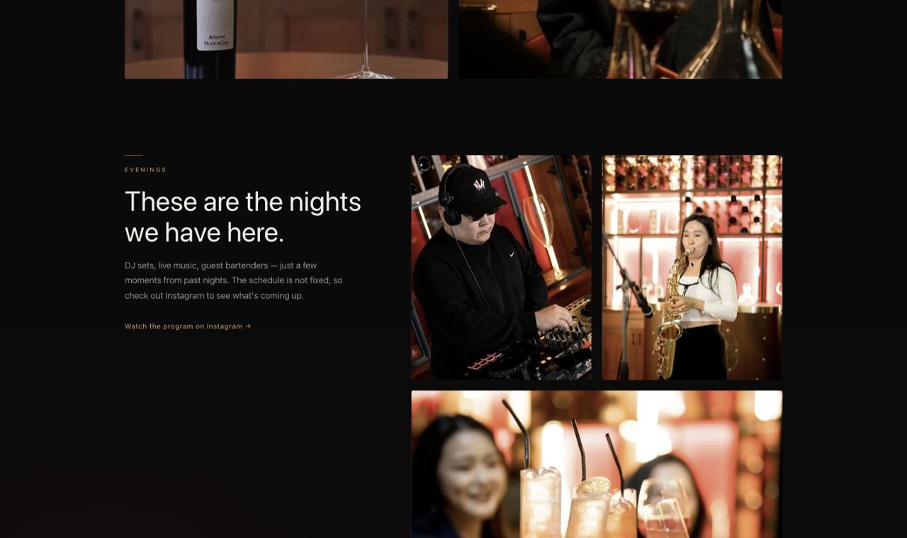 Evenings section with DJ and live saxophone